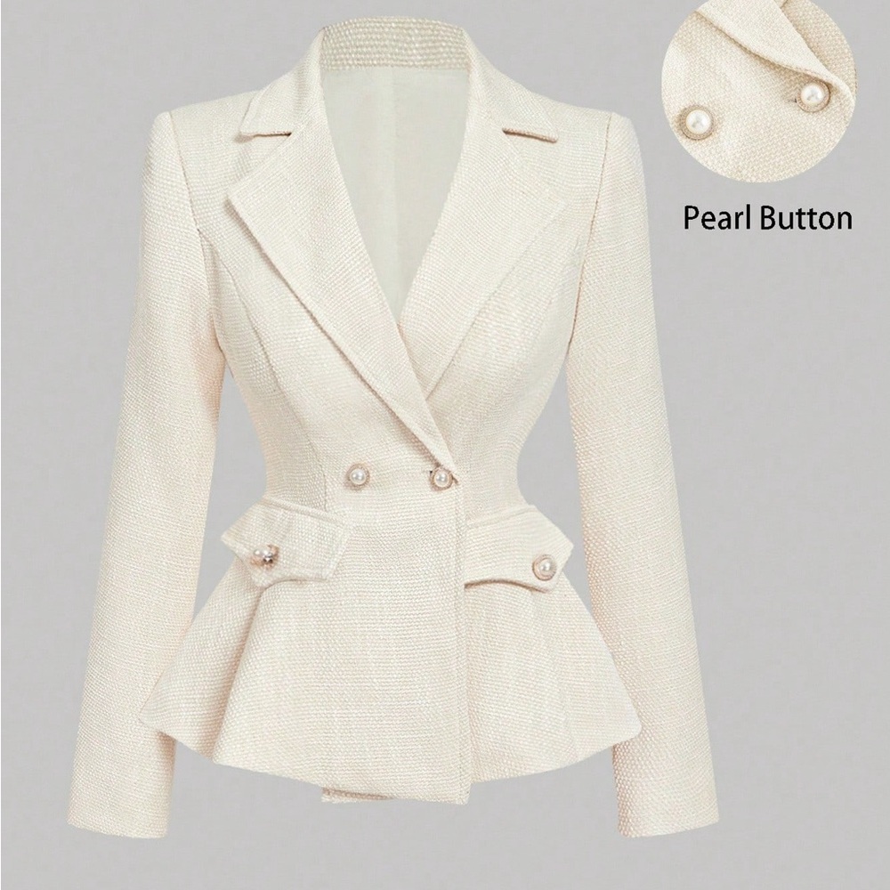 Pearl-Button Cream Peplum Blazer Jacket